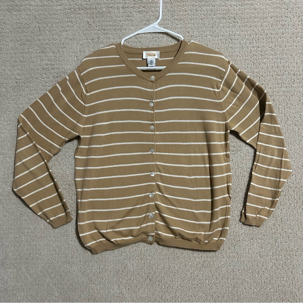 Talbots Women's‎ Button-Up Spring Cardigan Medium, Tan with White